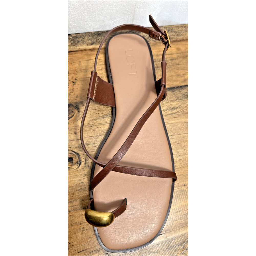 LOFT Brown Sandals Size 9 NWOB Strappy Casual Gold Embellished Buckle Square Toe - Picture 3 of 8